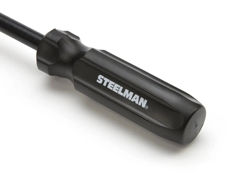 Close-up of heavy duty hubcap remover tool for auto mechanics delivers durable steel build, secure handle grip visible.
