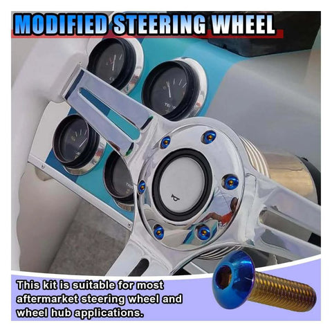 Chrome steering wheel with blue-tinted bolts from ✝️ 6PCS Steering Wheel Screw Kit, Burnt Titanium Finish Round Head Taper Steering Wheel Bolts.