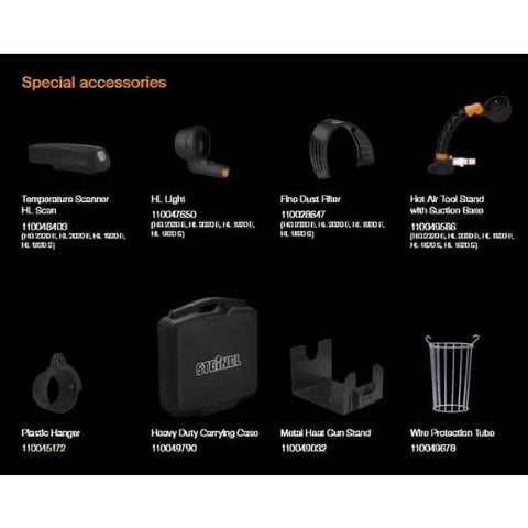 Steinel heat gun accessories including temperature scanner, HL light, fine dust filter, air tool stand, plastic hanger, case, stand, and tube