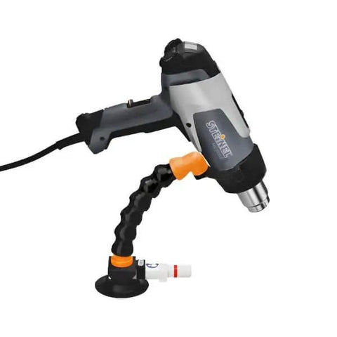 Steinel Heat Gun Stand with Vacuum Cup Arm for strong grip and enhanced stability, shown in side view. Safer heat application device.