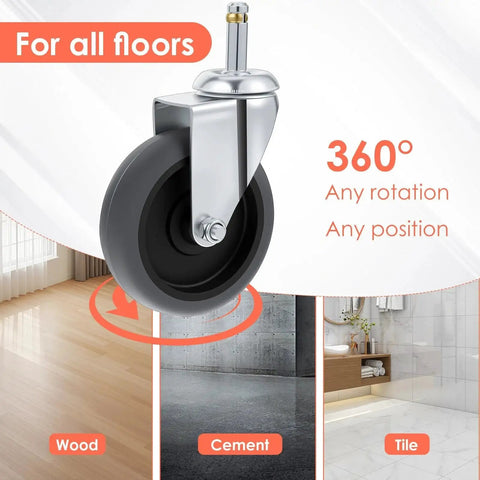 Heavy-duty TPR caster wheel for 4 Inch Stem Caster Wheels Set Of 4 Heavy Duty TPR Replacement Casters For Utility Carts Mop Buckets Grills And More With Seven Sixteenth Inch Stem Diameter And Nineteen Thirty Second Inch Socket For Easy Installation And Smooth Rolling, shown on different floor types.