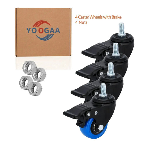 2-Inch Stem Caster Wheels Set Of 4 With 1/2-13 Threaded Stem featuring dual locking brakes, shown with nuts and packaging