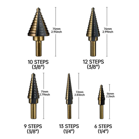 Step Drill Bit Set HSS Titanium Coated With Aluminum Case 50 Sizes in 5 Pieces, various sizes visible, for metal drilling