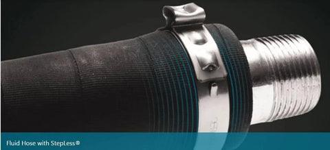 Stepless One Ear Clamp 7 Millimeter Band Width For Oetiker 167 Series Stainless Steel Clamp Installed on a Fluid Hose