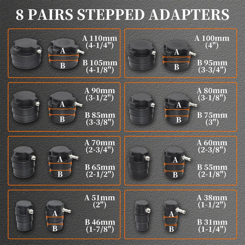 Turbo leak tester adapter set, 8 pairs of stepped black plastic adapters with metal fittings.