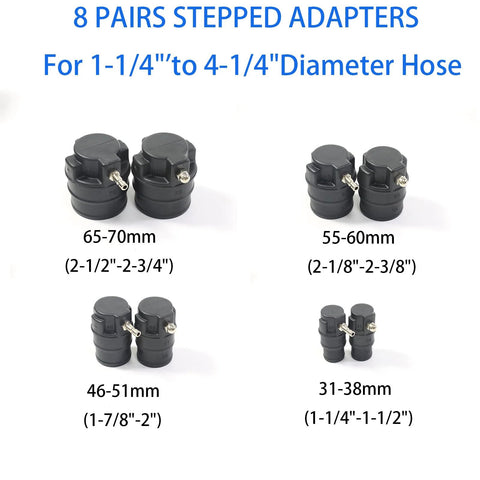 Wzyblixo turbo leakage tester kit: 8 pairs of stepped adapters for 1-1/4"–4-1/4" hoses, black plastic with metal nipples.