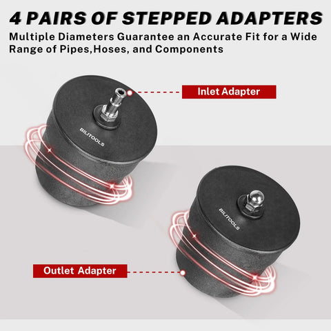 Two black BILITOOLS turbo leak tester adapters (inlet and outlet) with threaded fittings