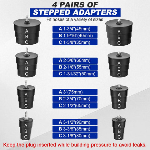 DASBET turbo leakage tester kit with four pairs of black stepped adapters labeled A/B/C and hose sizes 1-3/4 in to 3-1/2 in