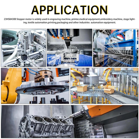 Various industrial applications of 23HS8430B stepper motor in machinery, robotics, and automation equipment.