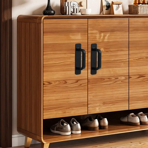 4 Pack Stick On Cabinet Handles Self Adhesive No Drill Door Pulls in black on wooden cabinet for kitchen or closet use