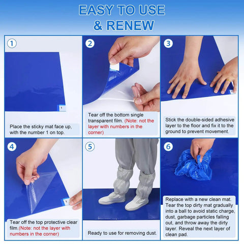 Steps to use Heavy Duty Sticky Mat Tacky Adhesive Pads 300 Sheets Bulk Pack Includes 18x24 And 24x36 Inch Blue Mats for cleanrooms