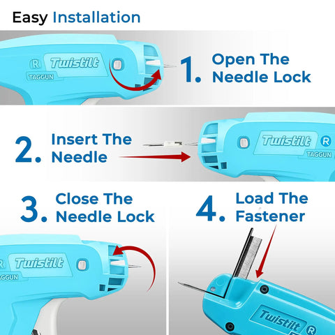 Instructional image showing steps to use Stitch Gun For Clothes Quick Fix Tool Not A Sewing Machine Handheld Tag Gun For Easy Clothing Repairs With 5mm Needle For Nearly Invisible Stitches Includes 6 Replacement Needles And 2000 Fasteners Blue.