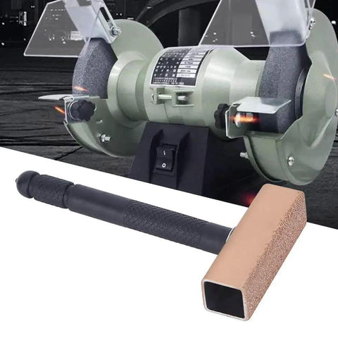Stone Dresser Disc Wheel Abrasive Tool With Anti Slip Handle placed in front of a grinding machine showing use for surface refinement.