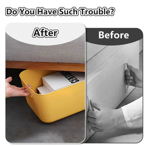 Before After comparison of storage solution; black and white image showing lifting, color image showing organized storage under furniture.