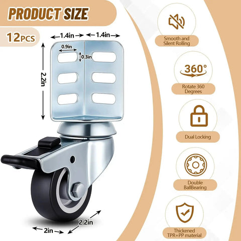 12 Pack 2 Inch Heavy Duty Storage Rack Caster Wheels With Top Brakes Swivel Corner Casters 720 Lb Total Capacity Fits Boltless Self Locking Shelving Racks Ideal For Garages Workshops And Warehouses, showing a detailed view of a single caster wheel with dual locking and smooth rolling features.