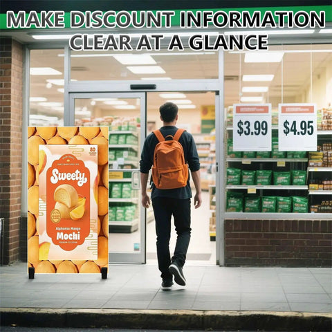 Man entering store with Sweety Alphonso Mango Mochi sign at entrance, displaying clear discount information and prices.