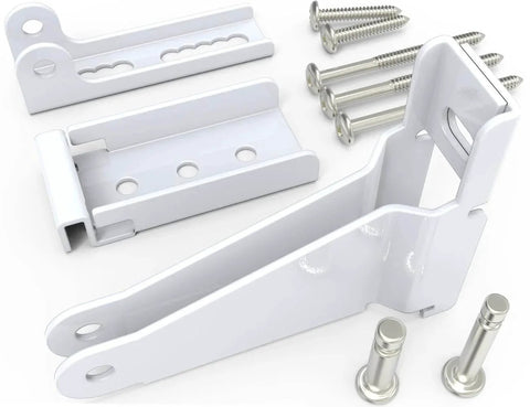 Storm Door Closer Bracket Kit Compatible with Andersen, Emco, Larson, Pella, white metal parts and screws visible.