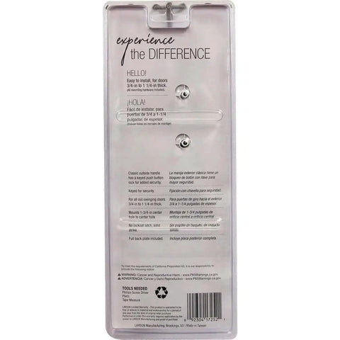 Packaging back view of White Push Button Heavy Duty Storm Door Latch With Keyed Lock Set, Replacement Latch Handle for 1-3/4 Inch Mount Holes.