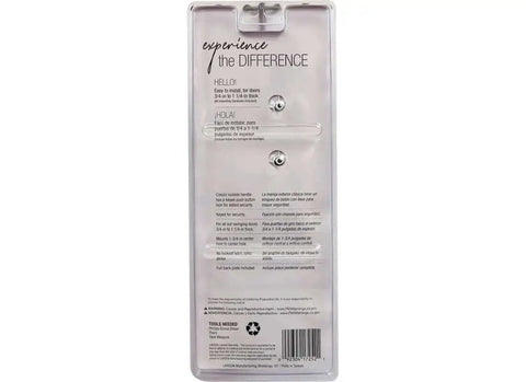 Back view of packaging for White Push Button Heavy Duty Storm Door Latch With Keyed Lock Set, Replacement Latch Handle for 1-3/4 Inch Center Mount Holes