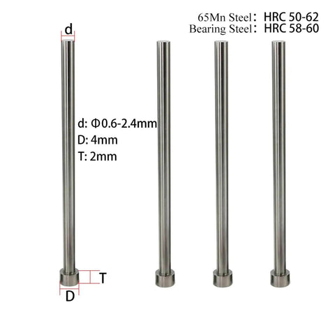 Straight Punching Ejector Pin For Plastic Injection Molding 65Mn Round Tip Hardened Alloy Steel with dimensions labeled