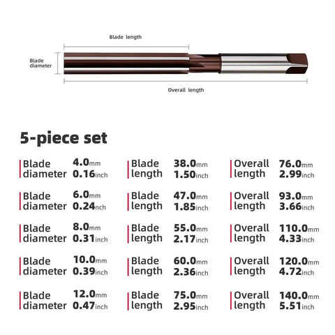 Diagram showing dimensions of Hand Reamer Set For Metal H8 Precision Straight Slot Reamers 4mm to 12mm, 5 Piece DRINYOUNG Kit.