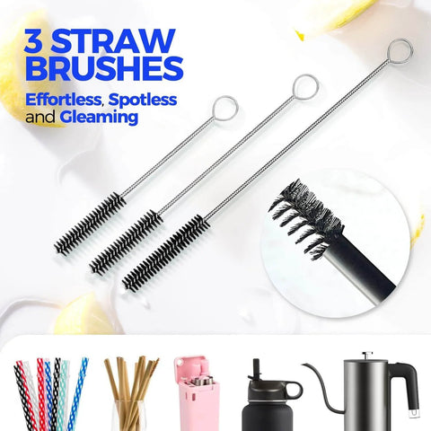 Three straw brushes from Six Pack Bottle Brush Set With 14 In Stainless Steel Handles 3 Straw Brushes And 3 In 1 Cleaner, focus on cleaning tips.