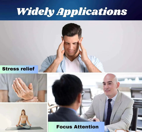 Man practicing stress relief and meditation with 2 Inch 1 Ball Copper Ball for mindfulness and focus, various therapy applications displayed.