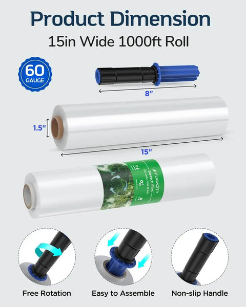 Heavy Duty Stretch Wrap Film 15 Inch By 1000 Feet 60 Gauge Pallet Wrap Clear Plastic With Handles displayed with dimensions and features