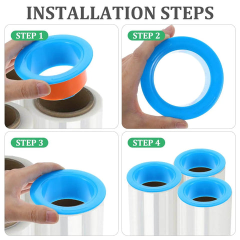 Installation steps for 24 Pack Stretch Wrap Dispenser Hand Savers For Moving And Shipping Easy Grip Plastic Puller Fits 3 Inch Core Pallet Wrapping Durable Blue And Orange Handles Bulk Replacement For Packing Film And Pallets shown in four steps with blue and orange handles.