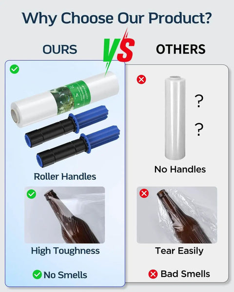 Comparison of heavy duty stretch wrap film with handles and other wrap without handles, showing advantages in toughness and odor control.