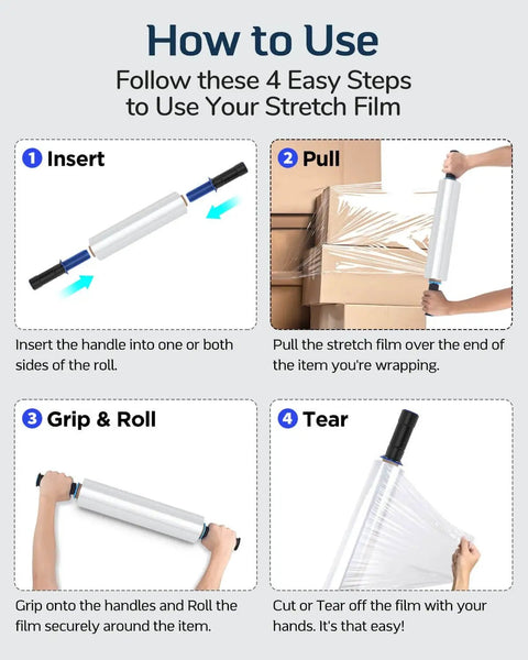 Instructions for using Heavy Duty Stretch Wrap Film 15 Inch By 1000 Feet 60 Gauge Pallet Wrap Clear Plastic with Handles