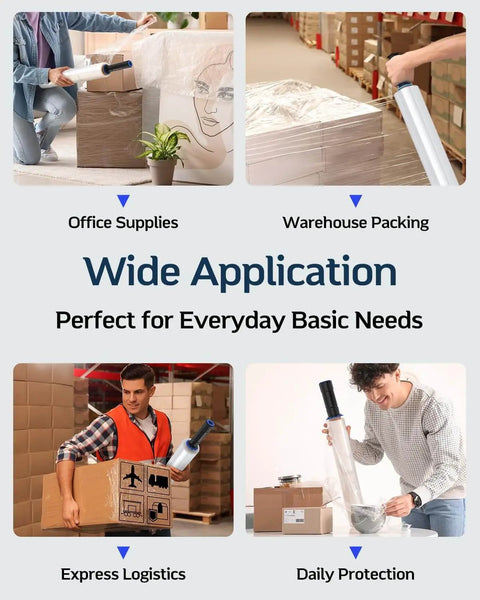 Heavy Duty Stretch Wrap Film 15 Inch By 1000 Feet 60 Gauge Pallet Wrap Clear Plastic With Handles For Easy Moving in various uses, including office and warehouse.