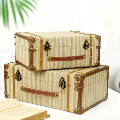 Two vintage trunks with Three Piece Brown Leather Drawer Pulls Set With Mounting Screws For Cabinets Trunks And Suitcases handles