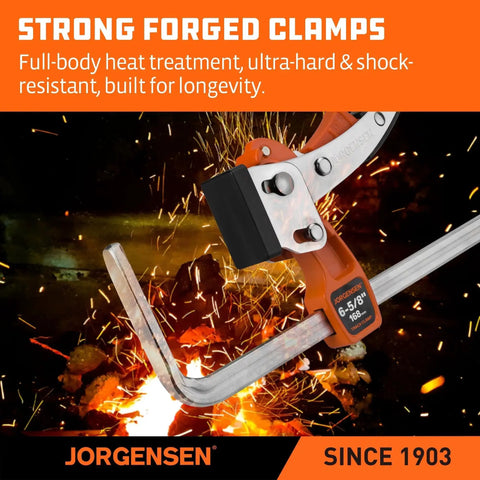 Six And Five Eighths Inch Ratcheting Table Clamp With Quick Release For Track Saw And MFT Guide Rails against forging background