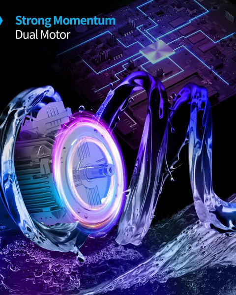 Graphic of dual motor with water swirl, highlighting strong momentum, concept for Compact Portable Twin Tub Washing Machine And Dryer.