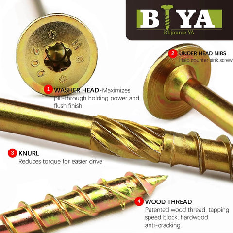 Close-up of 1/4 x 2-1/4 Inch Structural Screws with Torx Star Drive and Washer Head, showing knurl and wood thread features.