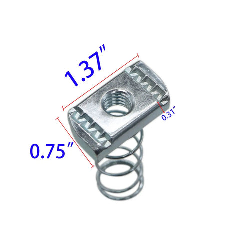 3/8-16 Strut Channel Nuts With Zinc Electroplate Finish, Long Spring Nuts For Secure Attachments On Strut Channel, shown in close-up with dimensions
