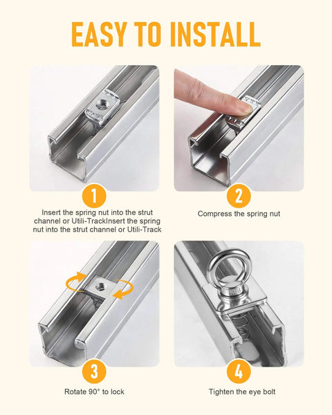 Installation steps for Heavy Duty Strut Channel Nut And Eye Bolt Set With Stainless Steel Eye Bolts M8 And M10 Zinc Plated Spring Nuts And Long Spring For Unistrut T Slot Channel Pack Of 4
