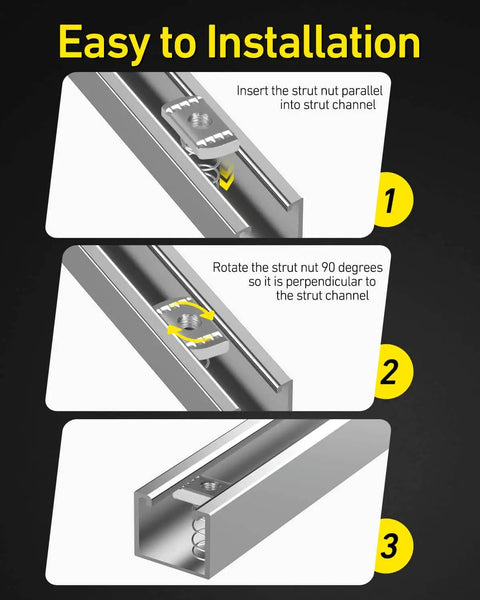 Channel Nut Set for Strut Channel With Standard Spring Three Eighths Inch Thread Sixteen Zinc Plated Thickened Eight Millimeter Spring Grade Five Steel Durable Heavy Duty Nuts for Industrial Electrical Support Pack of 120 installation guide