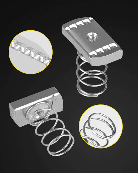 High strength 8mm thickened strut channel nuts with premium springs deliver secure 1/4-20 mounting, resisting vibration and shear