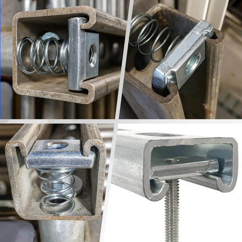 Durable 3/8 inch 16 thread strut channel nuts with zinc plating in various installation views, showing secure fittings.