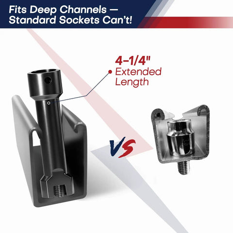 Durable Strut Channel Socket for Unistrut systems, one half inch drive, impact rated, black phosphate finish, fits deep channels