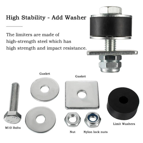 Secure 1-5/8 inch strut channel hoist and beam trolleys with rugged trolley limit hardware featuring bolts, washers, gasket.