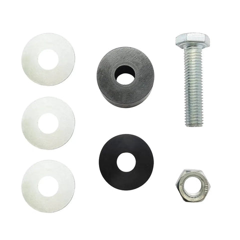 Components of Two Pack Strut Channel Trolley Stopper And Roller Limiter including bolt, washers, and rubber stopper.
