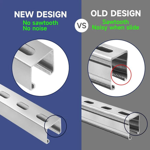 Comparison of new and old strut channel trolley track design, highlighting smooth motion and stable alignment, showing slotted back without sawtooth.