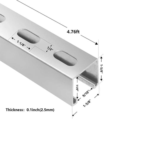 Diagram of Strut Channel Trolley Track, 57 in (4.75 ft) 1-5/8" x 1-5/8", 12 Gauge Steel U-Channel, Galvanized Finish, Slotted Back.