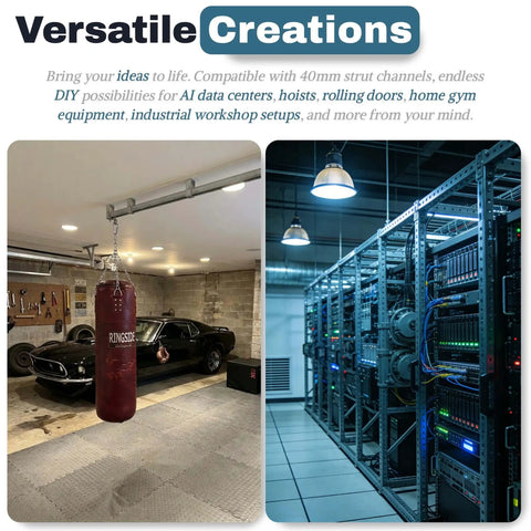 Chrome plated strut channel trolley track hanger bracket installed in a garage and data center, supports heavy load securely.