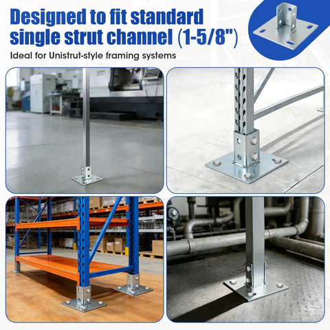 8 Piece Strut Post Base For 1-5/8 Inch Single Strut Channel Ground Floor Mount 6 Inch Square Bracket With Four Holes Heavy Duty