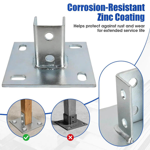 8 Piece Strut Post Base For 1-5/8 Inch Single Strut Channel Ground Floor Mount 6 Inch Square Bracket With Four Holes shown