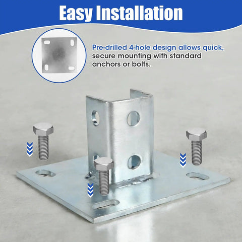 8 Piece Strut Post Base For 1-5/8 Inch Single Strut Channel Ground Floor Mount 6 Inch Square Bracket With Four Holes Heavy Duty Galvanized Steel